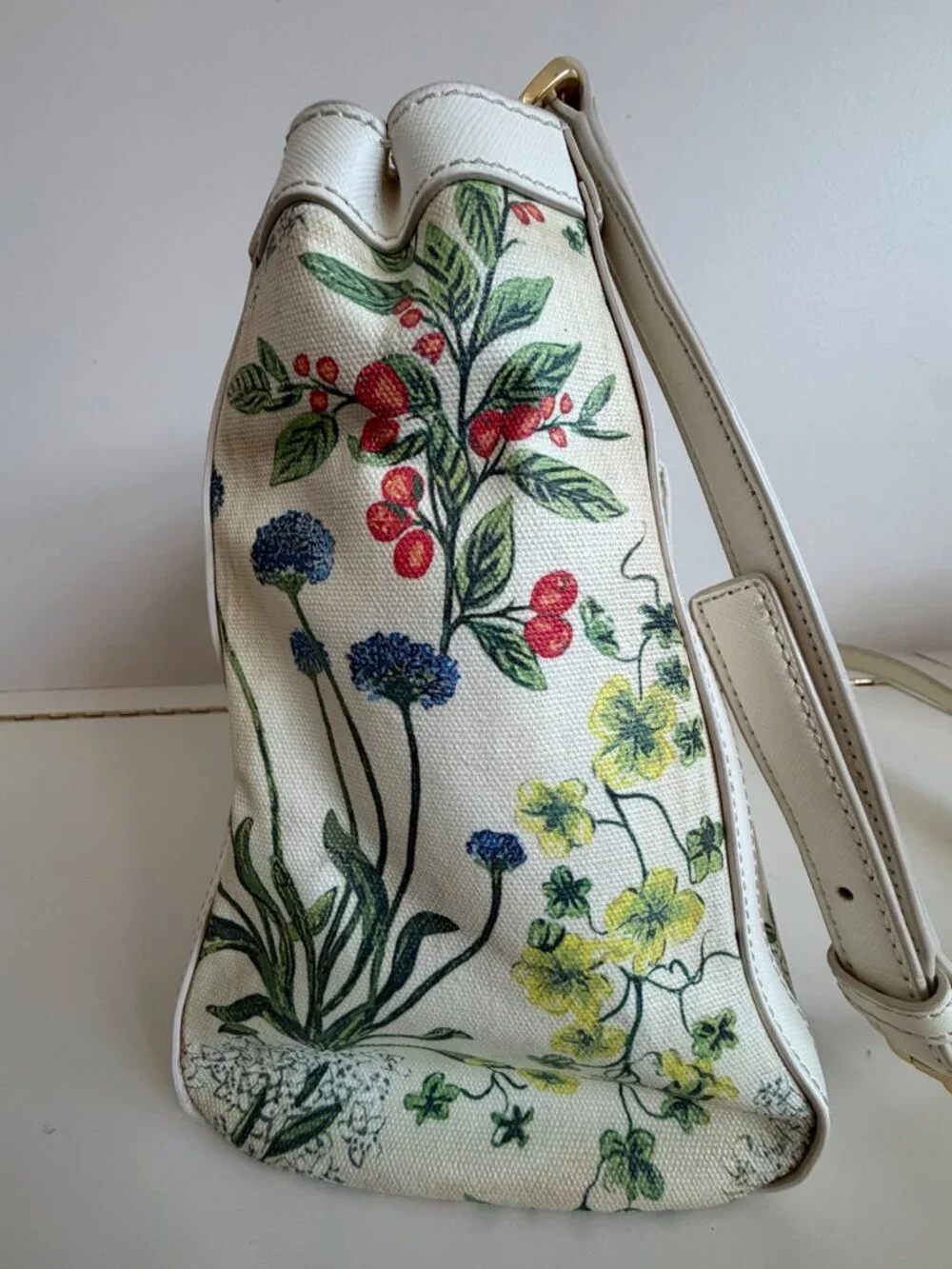 Tory Burch Floral Botanical Canvas Satchel Shoulder Bag Ivory Gold
